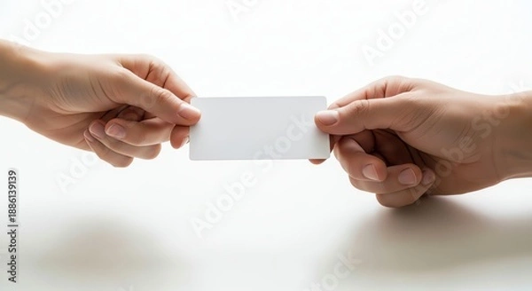 Obraz Hands exchanging blank card on white surface