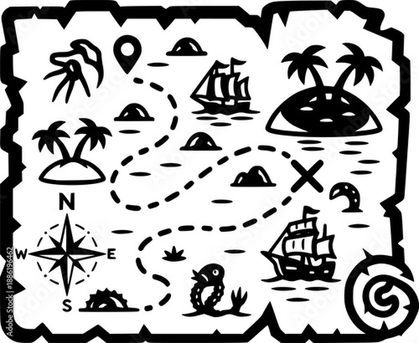 Obraz Adventure treasure map vector black silhouette print design
