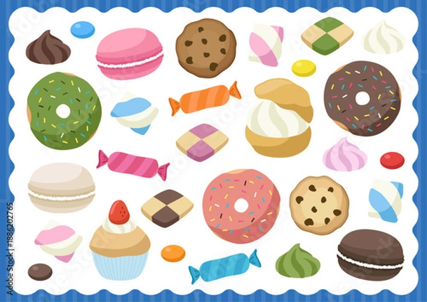 Obraz スイーツビュッフェ ティータイムを彩るカラフルな洋菓子とデザート スイーツのイラスト素材セット