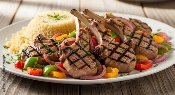 Obraz Grilled Lamb Chops with Rice and Vegetables