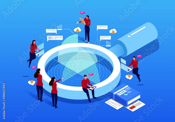 Fototapeta Isometric magnifying glass and Data Analysis