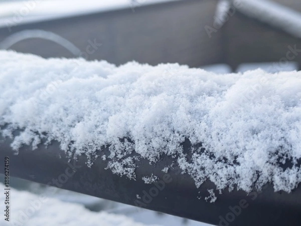 Obraz 積雪のディテール 住宅のベランダの手すりに積もった柔らかい雪のクローズアップ