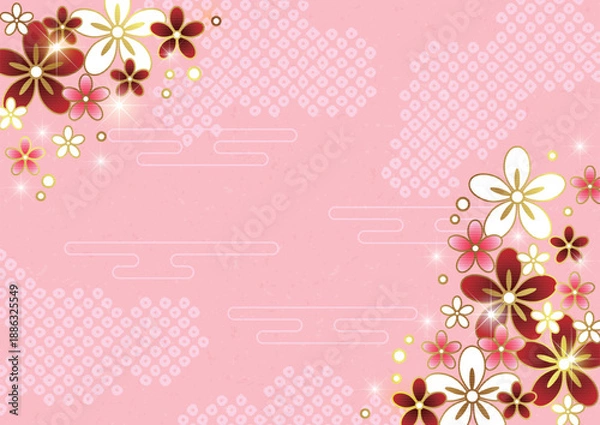 Obraz 鹿の子雲、文様花、和風背景、かわいい、ピンク、横