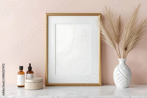 Fototapeta Generative AI Minimalist Interior Scene with Empty Frame and Decor Elements