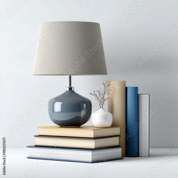 Obraz Minimal table lamp with books stack in modern interior studio setting