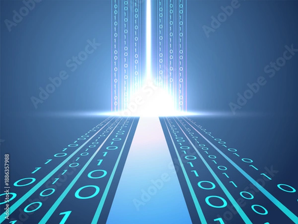 Fototapeta Advanced AI Technology and Cyber Security Concept Binary Code Flowing into Digital Light Effect with Perspective Motion Path Vector Illustration design concept for Big Data, cloud computing, deep lear