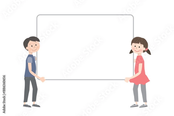 Fototapeta 大きな空白のボードを持つ男の子と女の子