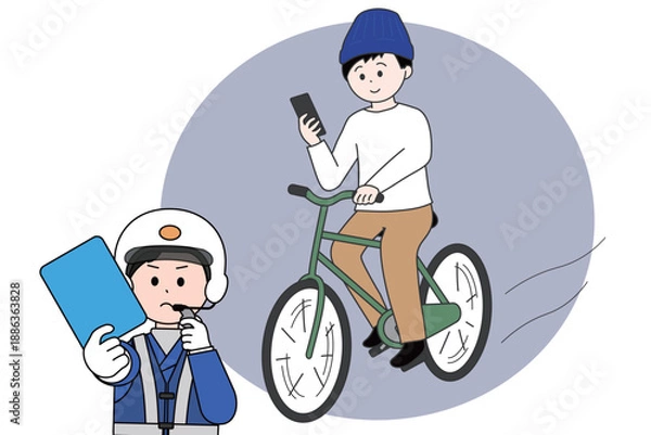 Obraz スマホを見ながら自転車に乗る男性に青切符を出す警察官