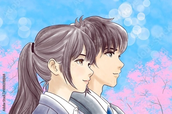 Obraz 制服を着た若い男女　桜背景