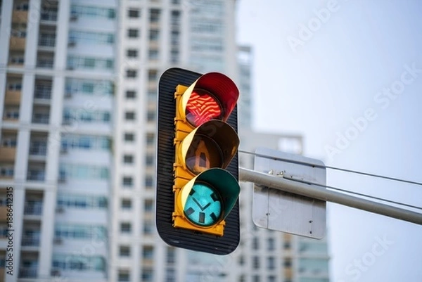 Obraz Urban Traffic Light with Cityscape Backdrop