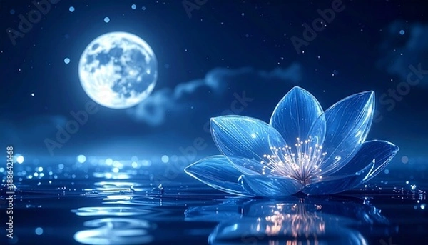 Obraz 静寂な湖畔で輝くクリスタル・フラワー：満月の光を纏った神秘的な青い夜