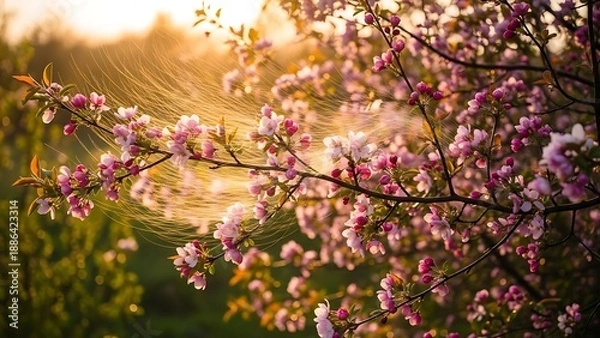 Obraz Spring Blossom Tree Branches with Golden Sunlight Rays.