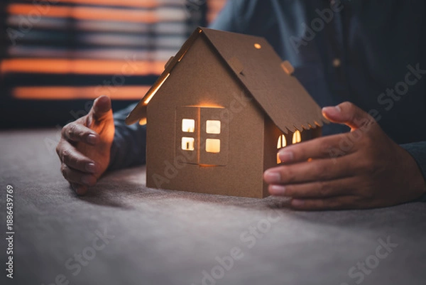 Obraz Hands Protecting Small Cardboard House Model with Light Inside on Table