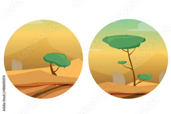 Fototapeta Round Illustrations with Desert, Dunes, Trees and Stones