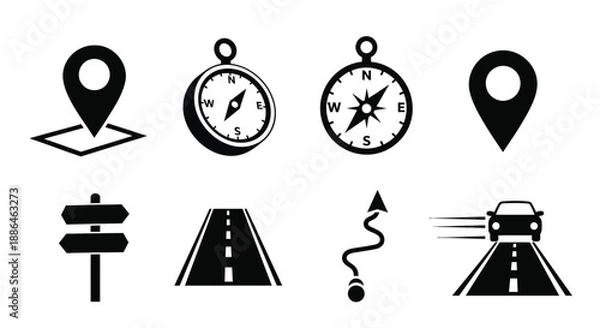 Fototapeta Navigation and Map Icons Vector Silhouette Set
