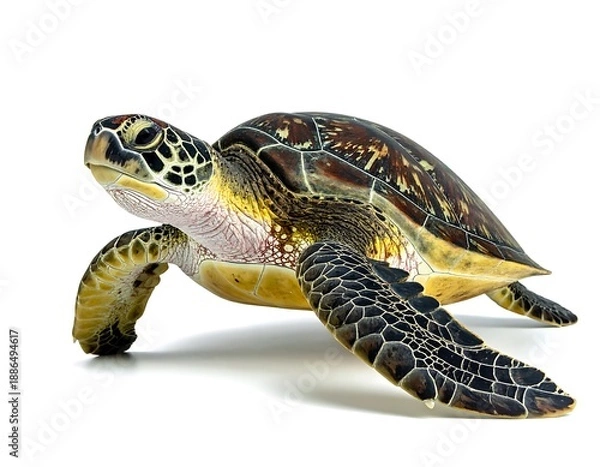 Obraz A sea turtle with a brown, patterned shell sits on a white surface, casting a soft shadow. Looking left