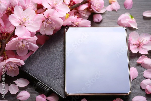 Obraz 桜の花の中にタブレットと新しい手帳