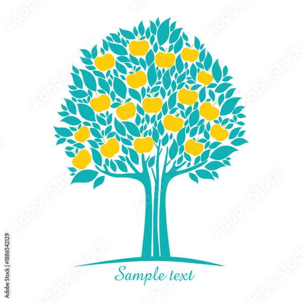 Obraz Apple tree. Apple tree with yellow apple, leaf isolated on white background. Design Elements. Vector illustration