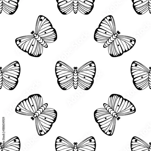 Fototapeta Monochrome vector seamless pattern. Endless butterfly elements. Modern background texture.