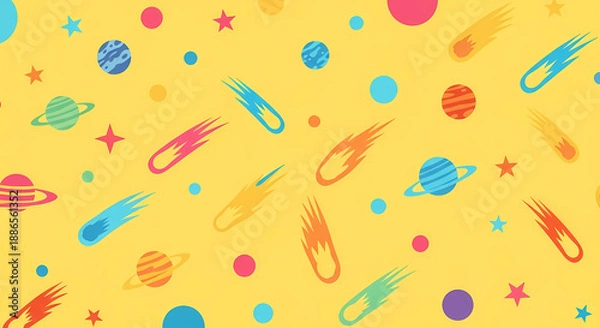 Obraz ポップな宇宙柄、黄色背景にカラフルな星