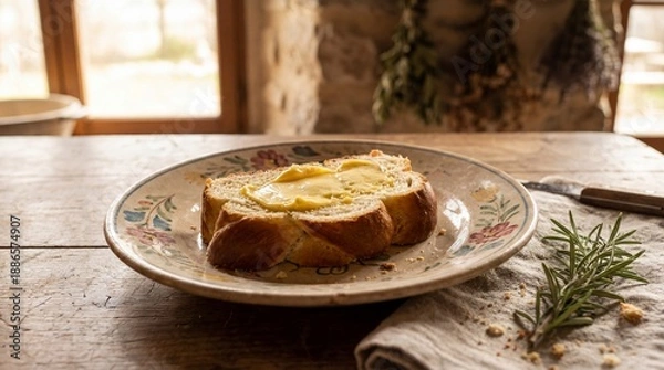 Fototapeta Braided Easter Bread Slice on Rustic Table