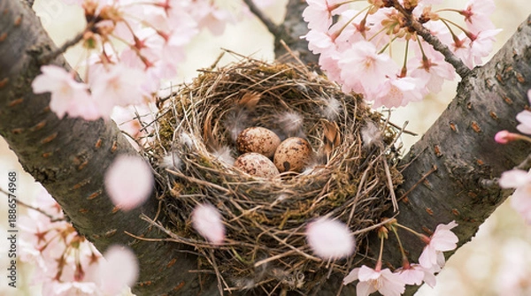 Fototapeta Easter Bird Nest in Cherry Blossoms