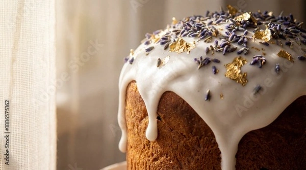 Fototapeta Easter Cake with Lavender and Gold Leaf