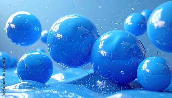 Obraz Blue Spheres Floating on a Liquid Surface - A Captivating Visual.