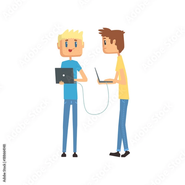 Fototapeta System administrators, network engineers, computer and technical support cartoon vector illustration