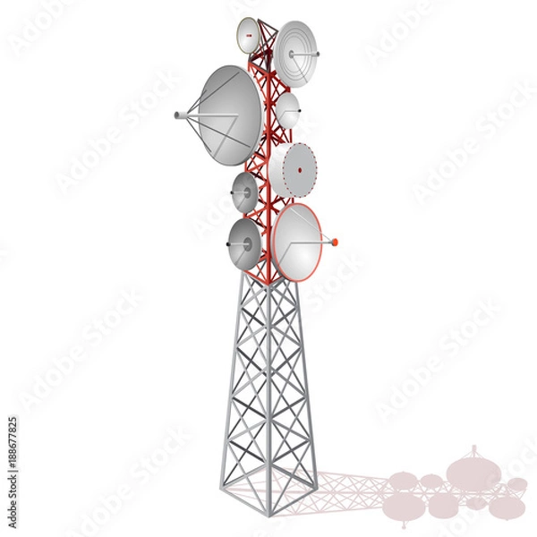 Fototapeta Vector satellite tower in isometric perspective isolated on white background. Transmission Tower telephone and television signals. Red-white communications tower.