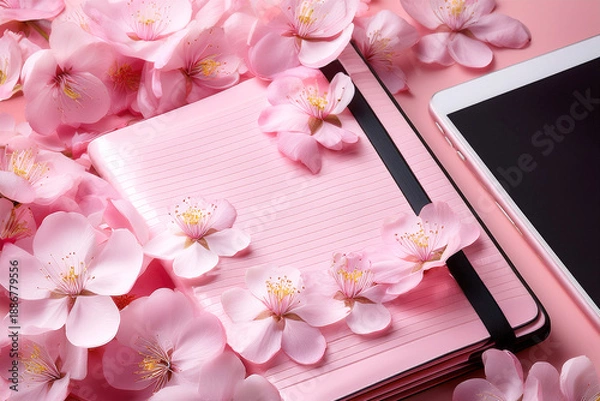 Obraz 桜の花びらを散りばめた中に開かれた手帳とスマホ