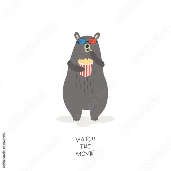 Fototapeta Funny cartoon bear in glasses and with popcorn. Vector character.