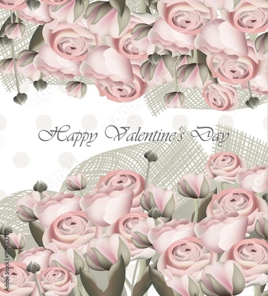 Obraz Sweet Valentine day card with rose paper flowers. Vector Retro style backgrounds