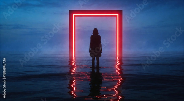 Obraz 水面に立つネオンゲートと未来を見つめる女性の後ろ姿