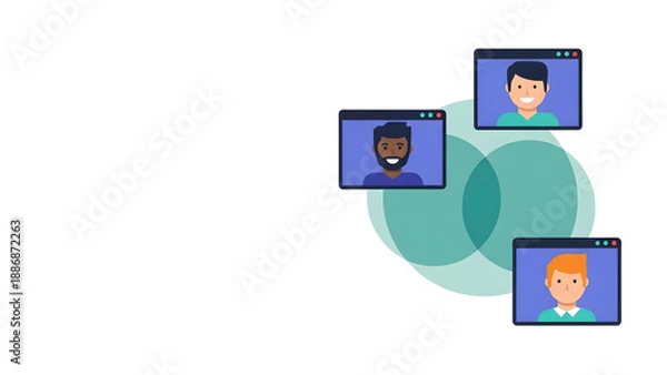 Obraz オンライン会議の心理的安全性を象徴するフラットデザインイラスト。笑顔のリモートチーム、対話、組織開発、DX働き方改革、左側に広いコピースペース。