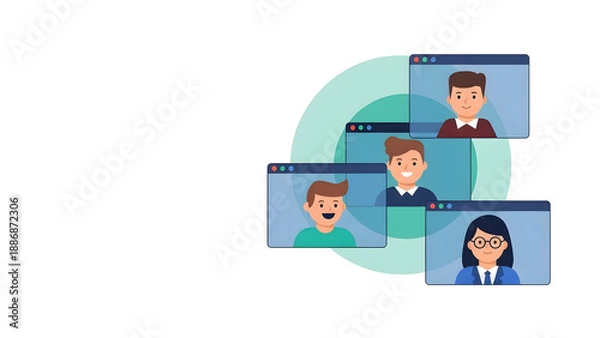 Fototapeta オンライン会議の心理的安全性を象徴するフラットデザインイラスト。笑顔のリモートチーム、対話、組織開発、DX働き方改革、左側に広いコピースペース。