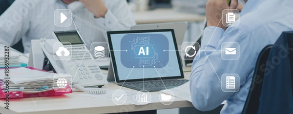 Obraz ビジネスシーン、生成AIを活用したデジタルワークフロー、クラウド、DX、デジタルネットワークイメージ
