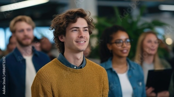 Obraz Modern office team event positive group interaction in a collaborative environment