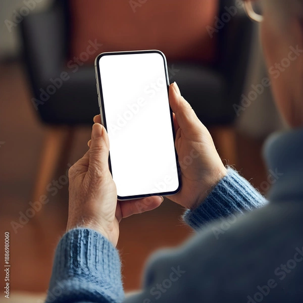 Obraz Elderly hands holding smartphone with empty screen while relaxing at home