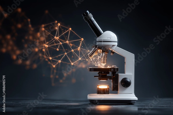 Obraz Microscope with glowing network structure in the background.