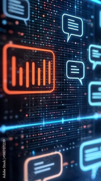 Obraz A digital representation featuring speech bubbles and data graphs, emphasizing communication and analytics in a modern tech environment.