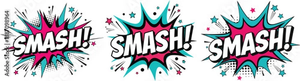 Obraz Comic SMASH Sound Effect Explosion Speech Bubble Set Pop Art Vector