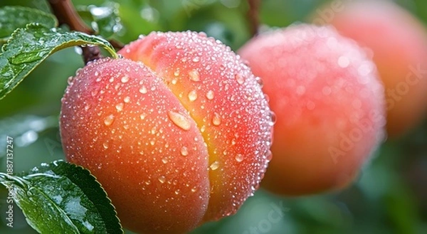 Obraz Nectarine ripe stonefruit with dew drops macro image