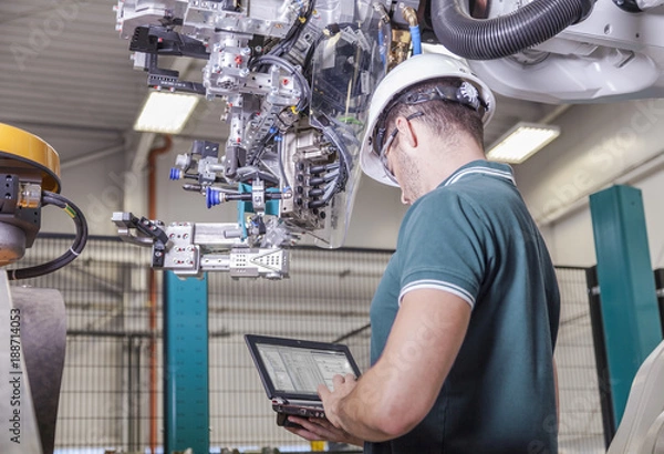 Fototapeta Ingenieur prüft Roboter bei Inbetriebnahme einer Produktionsanlage für Automobile