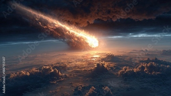 Obraz Dramatic comet streaking through cloudy sky with intense fiery trail