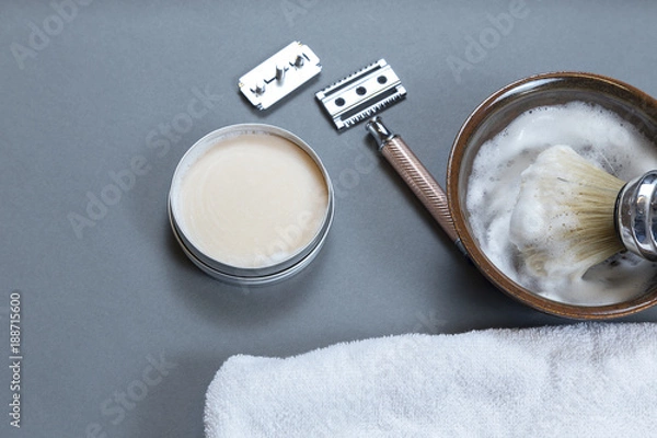 Fototapeta machine for shaving, shaving brush and soap