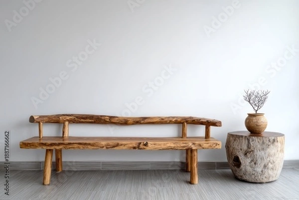 Fototapeta Rustic wooden bench and unique log table complement minimalist interior design.