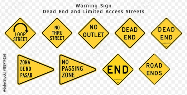 Fototapeta Road sign. Warning. Dead End Streets, Limited Access  and No Passing Zones.  Vector illustration on transparent background