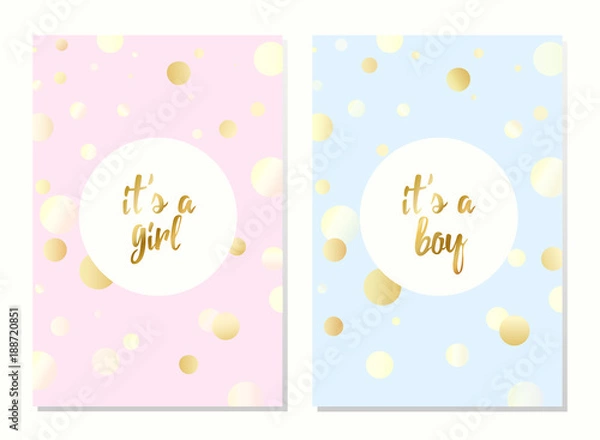 Fototapeta Set of vector invitation with gold bubbles for girl and boy. Baby shower posters with lettering. It's a girl, it's a boy greeting card.