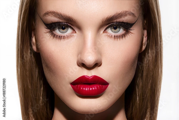 Obraz Bold Elegance: Classic Winged Liner & Red Lip